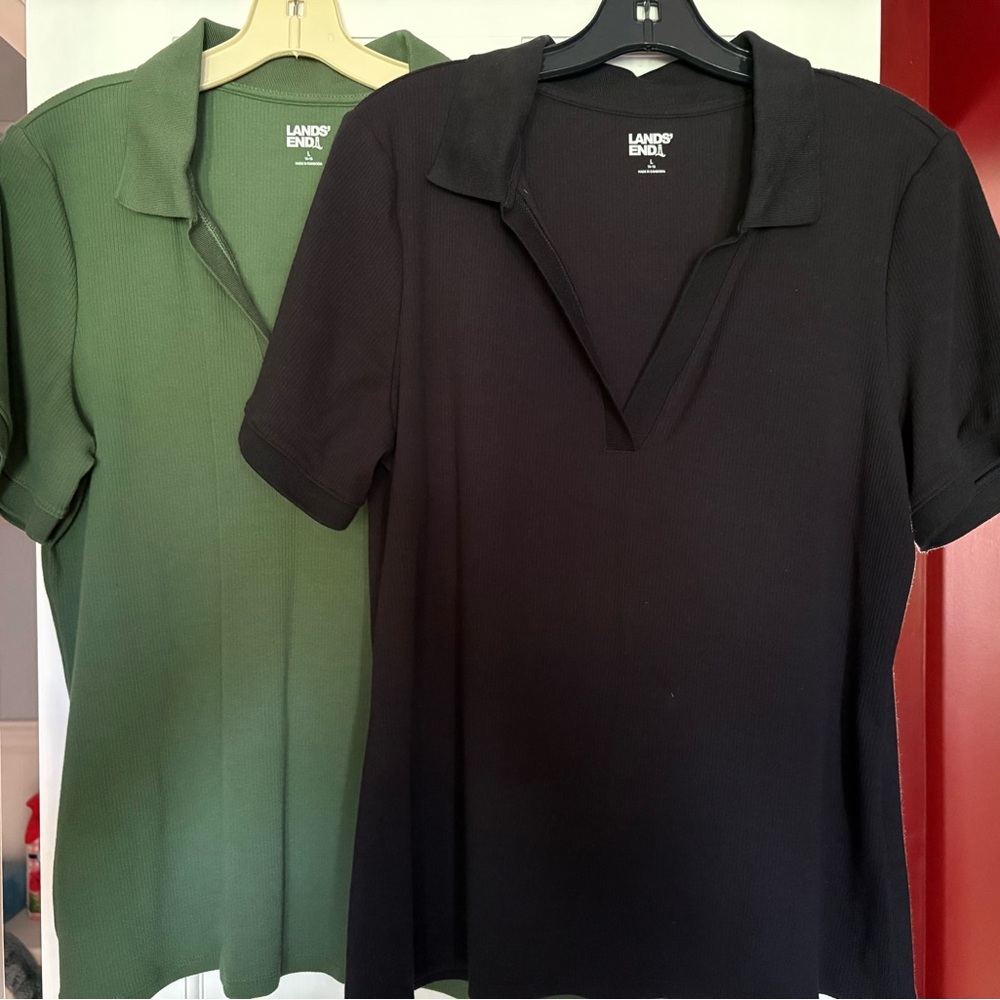 Lands' End Fitted Polo Blouse Black and Green